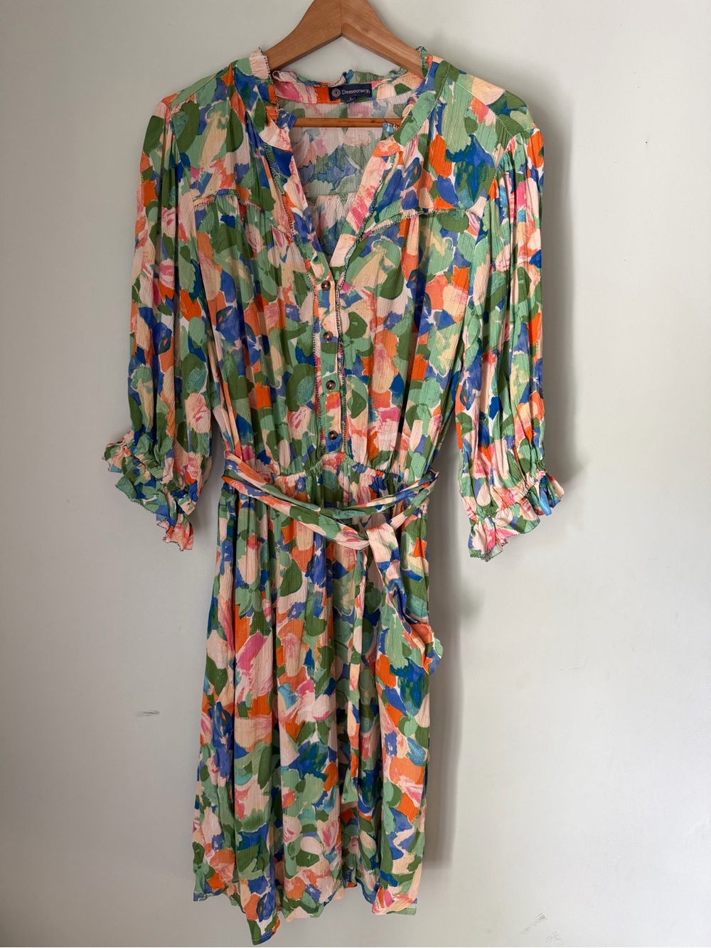 Democracy Abstract Floral Rayon Tie Waist Midi Dress Large Boho Colorful